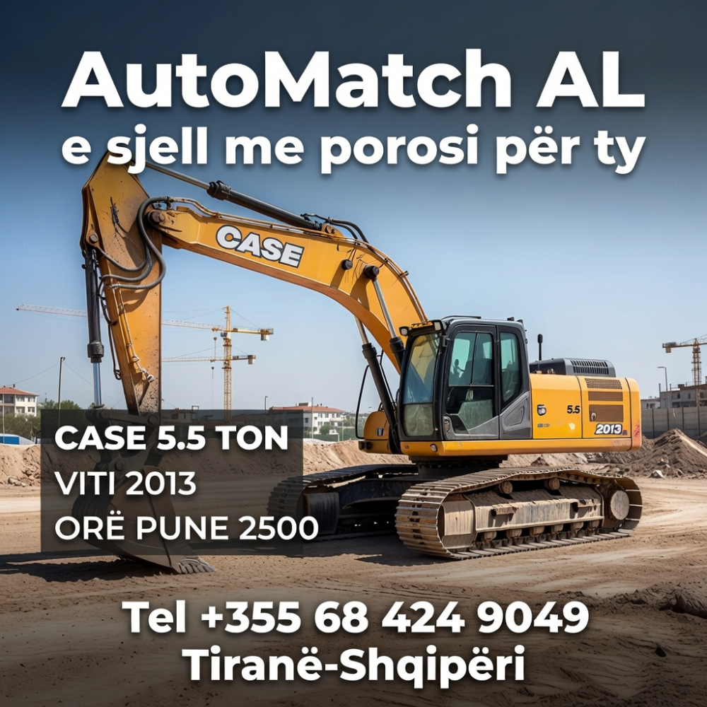Ekskavator Case CX58C
E sjellim vetem me porosi

Made in Japan 
Motor Yanmar
Viti 2013
2500 orë pune

Ispektim  i plotë i mjetit nga ekspert
Trasfertë e sigurtë pagese me agjent të dedikuar në Shanghai
Dorëzim i sigurtë në portin e Durrësit

Tel: +355 68 424 9049 
AutoMatch AL

#mjetendertimi #case5ton #automatchal #makineri #import