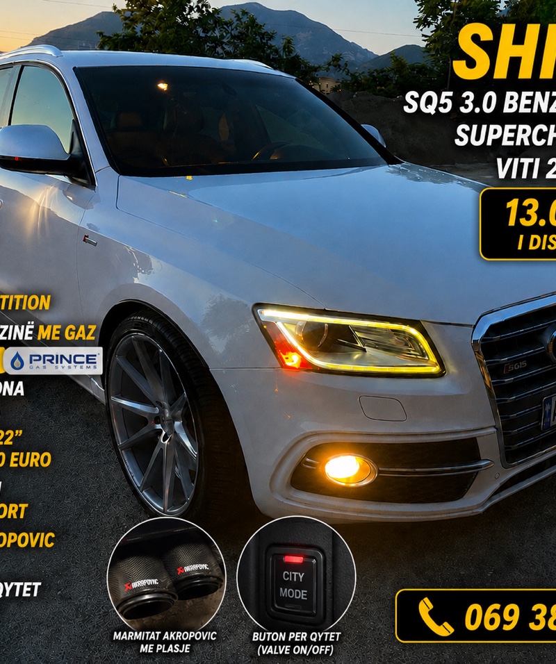 Audi Audi eshte super gjendje motorr 3.0 benzin gaz princ impianti klima me dy zona marmitat me buton me popsa eshte shum ekonomike ne karburant disqe me vlere 5000 euro vossen goma te reja 22 inc e gatshme per cdo lloj prove nr tel 0693874743