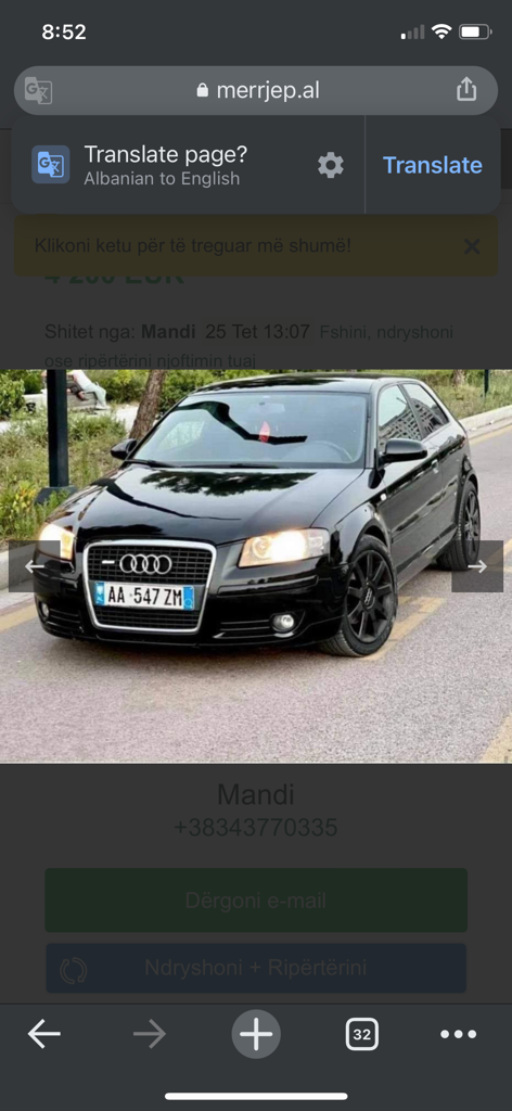 shitet per arsye mosperdorimi,audi a3 sportback 2008 ,3 dyer ,245000 km ,eshte pa kolaudim, pa sherbim vaj filtra ka nje vit,kush eshte i interesuar te kontaktoj ne 0695778718 
